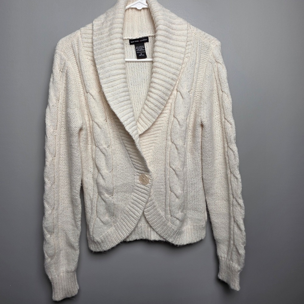 New York & Company Cardigan Womens S Cream Cable Knit Shawl Collar Single Button